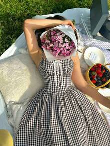 SHEIN MOD Red & White Plaid Romantic Cute Countryside Style Midi Dress - Black and White - View 5