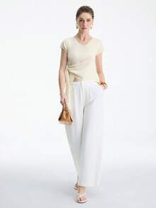 Aalyst Summer French Style V-Neck Solid Color Asymmetrical Slit Cap Sleeve Shirt, Niche Design Waist Cinched Slim Fit Knit Sweater Top For Women - Apricot - View 7