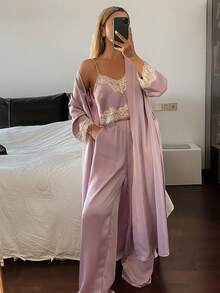 3pcs Romantic Elegant Wedding Satin & Lace Patchwork Robe, Camisole & Pants Sleepwear Set For Women - Pink - View 6
