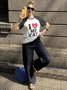 MainGRL 黑白波点拼接撞色印花T恤，可爱休闲，适合女士春夏户外及街头穿着 - 白色 - 查看 3