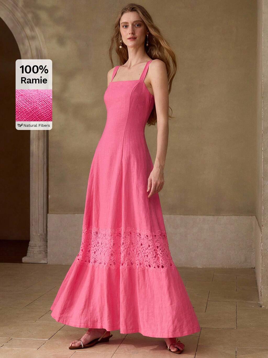WOMEN'S 100% LINEN LACE PATCHWORK LONG DRESS, CASUAL & DATE WEAR, SPRING/SUMMER