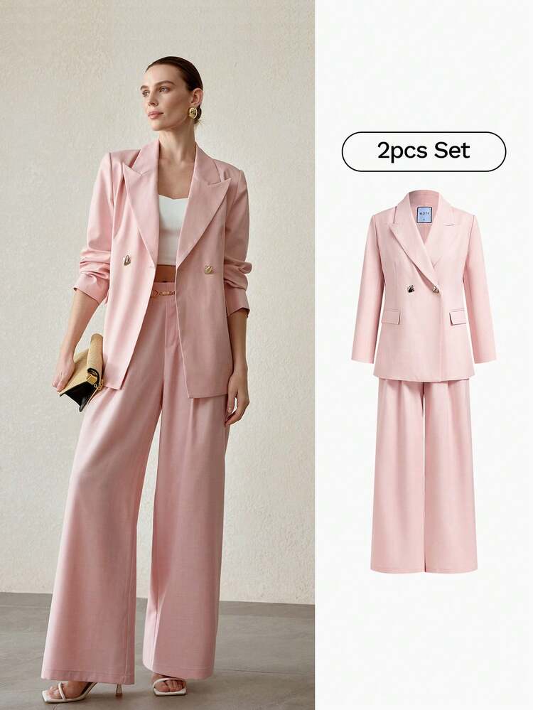 2PCS WOMEN'S FASHIONABLE WAIST CINCHED BLAZER AND WIDE LEG SUIT PANTS, PINK