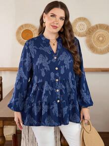 Lacomfia Casual Solid Color Jacquard Long Sleeve Loose Regular Fit Shirt, Plus Size, Spring/Autumn - Blue - View 6