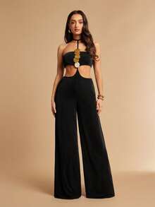 Silquee Women's Black Summer 70s Jumpsuit Gold Metallic Panels Backless Night Out Club Night Party Beach Club One-Piece Pants Loose Straps Leisure Travel Sexy - Black - View 4