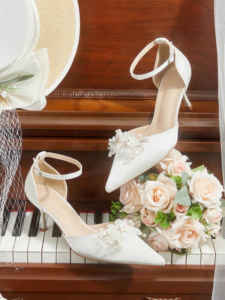 CUCCOO HITCHD Women Shoes Summer And Summer New Fairy Flower Pearl Decoration Pointed Tip Thin Heel Middle Heel Back Bag Buckle 6cm Women's High Heel Shoes Elegant Satin Solid Color Wedding Shoes Dating Party Valentine's Day Summer Shoes Wedding Shoes Bride Shoes