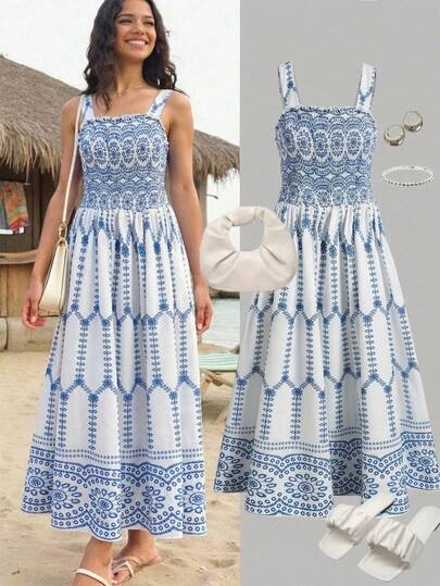 Sparklyn Teen Girl Blue And White Retro Suspender Skirt, Elastic Waist Embroidered Floral Medium And Long Skirt, Fresh Vacation Style Dress Style Highlights Fresh Vacation Style Retro Blue And White Color Scheme + Retro Pattern Has Pastoral/ Retro Sense Highlights Blue And White Color Scheme White And Thin Waist + Umbrella Skirt Version, Suitable For Vacation, Leisure And Entertainment Places To Wear