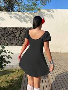Sunnyshic Plus Size Women's Summer Dresses, Solid Color Scoop Neck Ruffle Tie Bow French Design Romantic Vacation Sweet Fitted A-Line Lantern Sleeve Mini Dress - Black - View 2