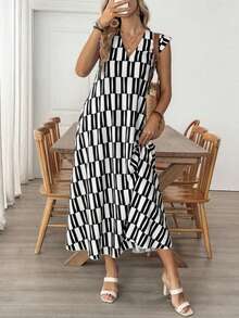 EMERY ROSE Women's Retro Patterned Extra Long Dress,White And Black Summer Casual Vacation Holiday Resort Wear Cruise Outfit Greece Sundress Fall Clothes - Black and White - View 8
