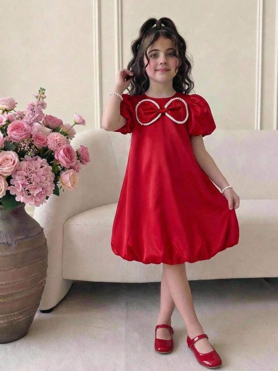 SHEIN Tween Girl Spring/Summer Elegant Glamorous Bubble Lantern Hem Floral Bud Short Sleeve Big Bow Dress Red Tween Girl - Red - View 1