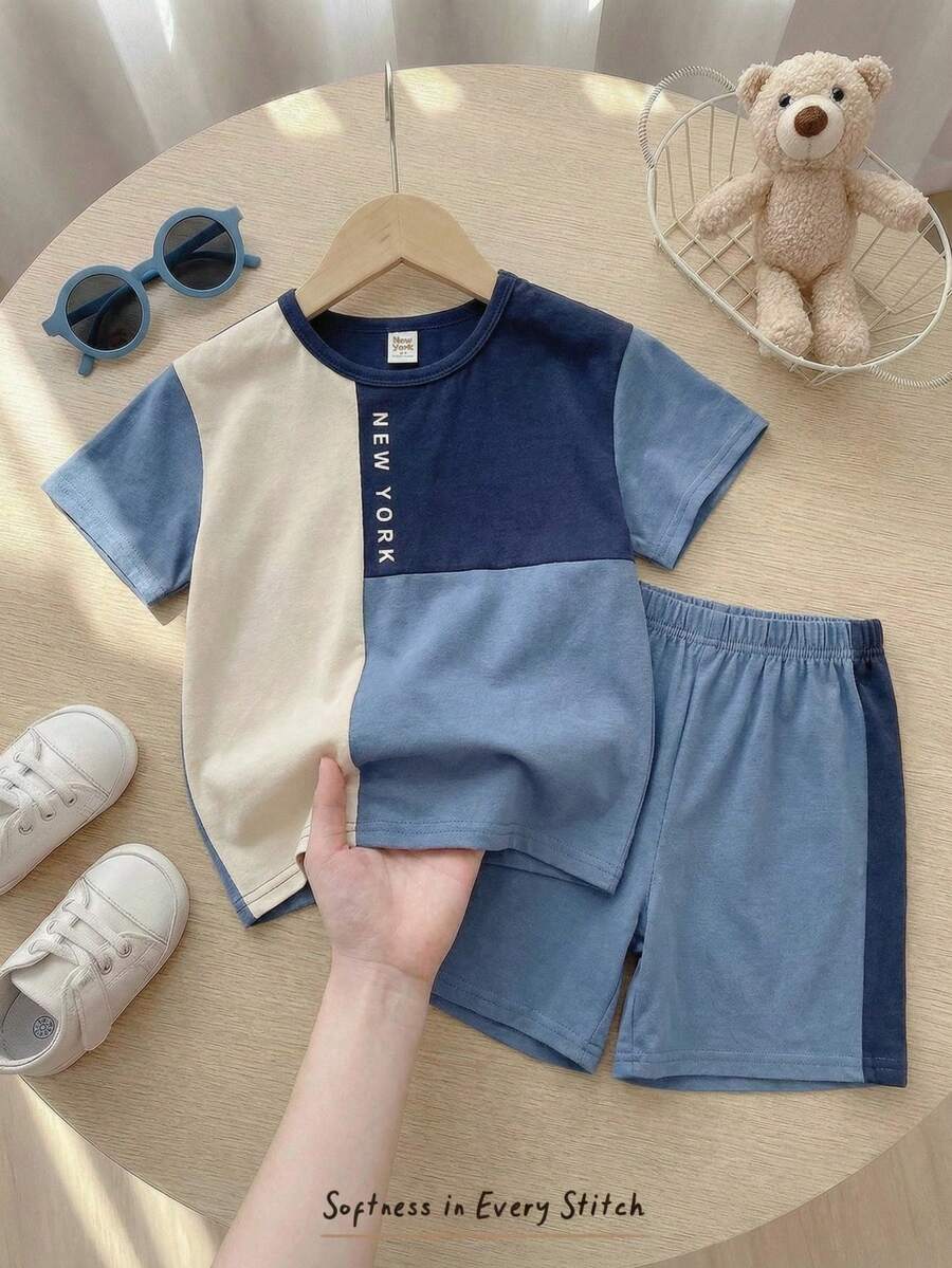 Cozy Pixies 2 pièces/set Top à manches courtes col rond tricoté et short taille élastique pour jeune garçon, en couleurs contrastées - Bleu azur - Voir 1