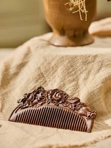 Cirelle Sandalwood Fine Tooth Hair Comb Handmade Natural Wooden Comb Exquisite Rose Pattern Black Gold Sandalwood Bristles Suitable For Normal Hair Anti Static Detangling Hair Care Tool Gentle Scalp Massage Comb Portable Lightweight Daily Grooming Accessory Home Travel Use Stylish Hair Styling Comb Gift For Women Girls Beauty Essential Durable Hairdressing Tool - monochrome - View 4