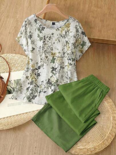 Rusticease Conjunto de 2 piezas de camisa y pantalones con estampado floral casual de vacaciones para mujer