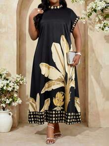 Fleurora Elegantes Kleid in Große Größen für Damen mit Palmenbaum-Muster, Mandarinkragen und Fledermausärmeln - Verschiedenfarbig - Übersicht 3