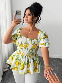 SHEIN Clasi Plus Size Women's Lemon Print Peplum Top,Elegant White Boho Lantern Sleeve Blouse, Retro Summer Holiday,Picnic Casual Tops - Multicolor - View 7