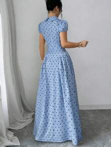 Elenzga Vestido de lunares blanco y negro de estilo elegante y vintage para mujer, con cuello vuelto, botones delanteros, hombros recogidos, mangas farol y falda acampanada, ideal para negocios, salidas y vacaciones, primavera/verano - Azul - Ver 2
