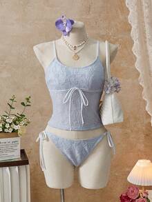 Swim Mod 26SS 春夏度假沙滩可爱蓝色蕾丝花卉蝴蝶结比基尼两件套 2026 新款女士泳装到货，适合上学、度假、约会、下午茶、西式、邮轮、海滩、海岛、公路旅行、四季皆宜、音乐节、波西米亚风度假、凉爽秋季、西部波西米亚风、优雅女士沙滩两件套夏季两件套度假女士夏季两件套比基尼套装 - 藍色 - 查看 4