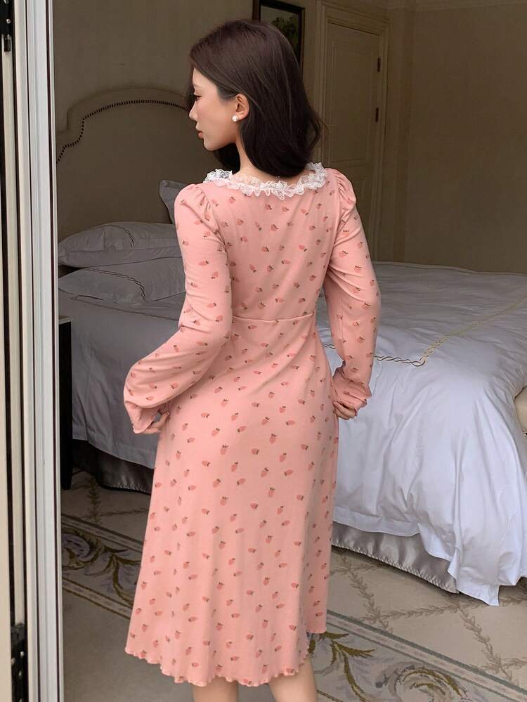 Sweet Ditsy Floral Lace Trim Midi Nightgown For Women