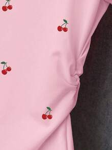 Resyla Versatile Short Sleeve Blouse With Gathered Waist, All-Over Cherry Print, For Summer - Rosa 3 - View 3