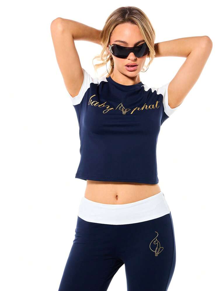 BABYPHAT Women Short Sleeve Raglan Tee With Golden Glitter Script Print And Color Block Design Casual Fashion Top