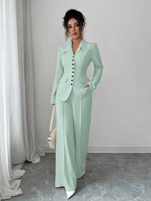 Elenzga Women's Apricot Thick Fabric V-Neck Blazer Design Black Contrast Button Fake Pocket Teacher Uniform Elegant Professional Outfit, Thanksgiving Halloween Atmosphere, Autumn New Arrival Fashionable Essential Sophisticated Long Sleeve Waist Cinched Loose Straight Leg Pants 2-Piece Set - Mint Green - View 5