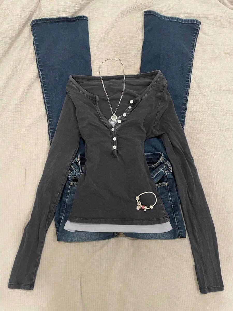 Glimmora Slim Fit Waist Cinched Long Sleeve 2 In 1 T-Shirt For Women - Dark Grey - View 1