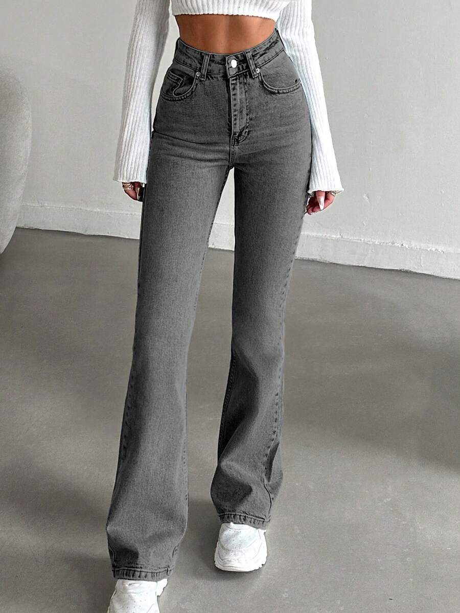SHEIN HIGH RISE FLARE FIT LIGHT BLUE JEAN, Tall Women - Grey - View 1