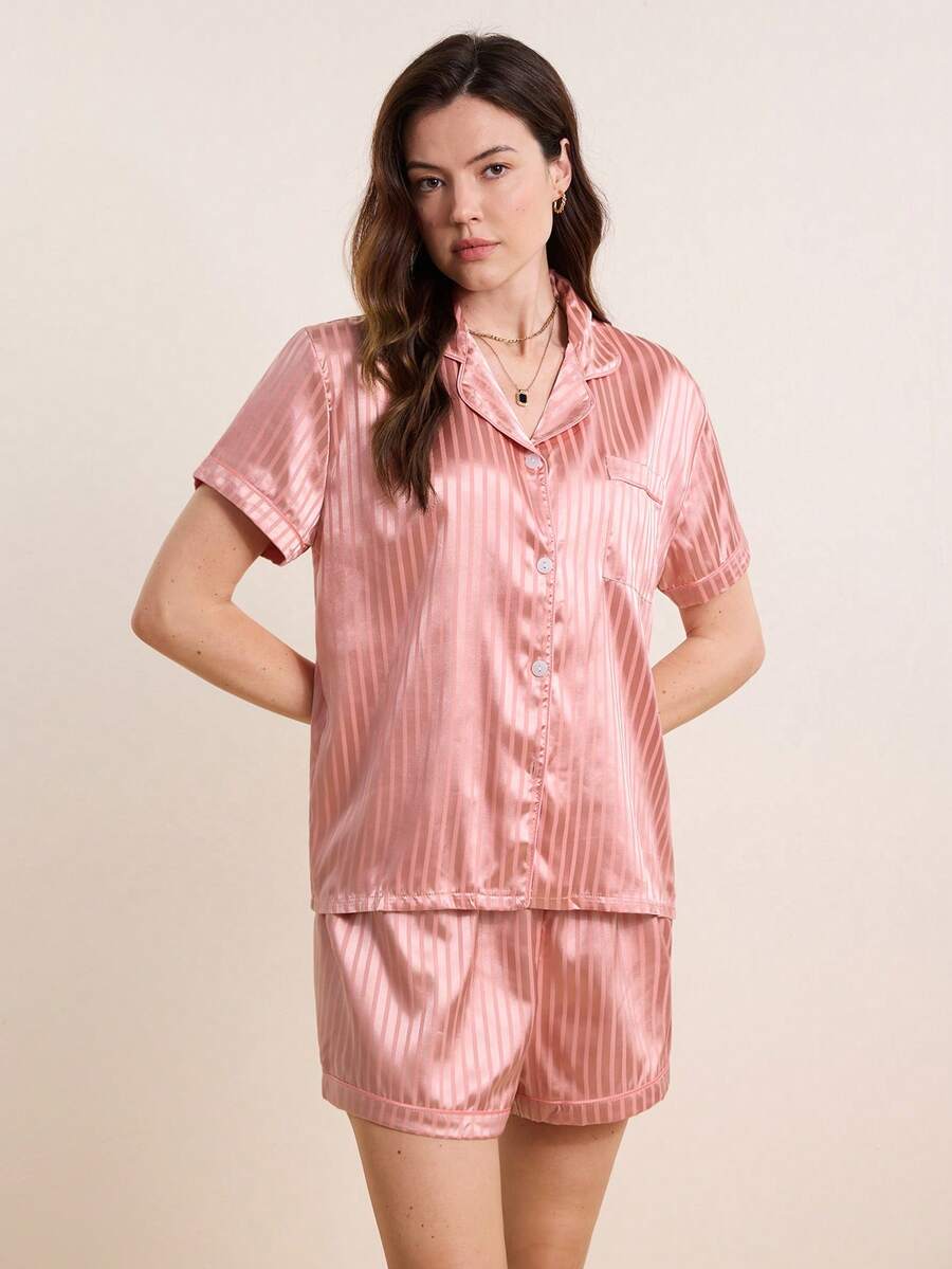 Hourtrue Lapel Collar Contrast Binding Satin Blouse & Shorts PJ Set / Pajama Set, Lounge Wear, Old Money Vibe, Elegant Outfitfor Summer - Dusty Pink - View 1