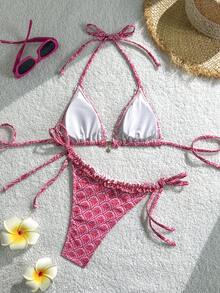 Swim Mod 女士春夏新款印花荷叶边露背三角比基尼套装，系带两件式泳衣，沙滩装，女士比基尼套装，女士比基尼套装，女士沙滩装，2580198 比基尼套装，遮盖度比基尼，另类波西米亚风比基尼，女士度假装比基尼 - 彩色 - 查看 4