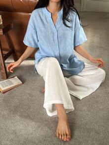 DAZY Bộ đồ ngủ nữ dáng rộng thoải mái, thích hợp cho mùa hè. - Màu xanh lam - Xem 4