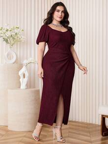 Modelyn Plus Size Women Solid Color Split Design Ruched Waist Elegant Party Dress - Burgundy - View 4
