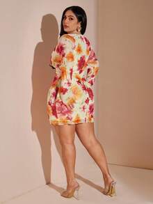 SHEIN BAE Đầm lưới dệt kim co giãn cổ tròn in hoa dành cho nữ cỡ lớn - Nhiều màu - Xem 2