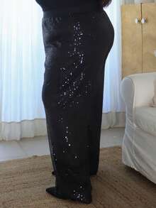 Pretty and Ole Pantalones anchos de cintura elástica de unicolor con lentejuelas para mujeres de talla grande, pantalones brillantes de invierno para mujeres - Negro - Ver 6