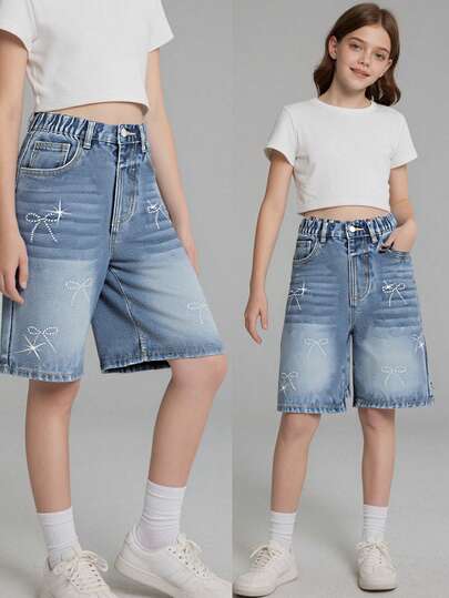 Tween Girls Denim Jeans, New Summer Collection, Medium Blue Denim Color, Street Fashion Style, Sparkling Bow Rhinestone Decor, Relaxed Straight Leg, Comfortable Cotton Denim Fabric, Suitable For Daily Wear, School, Commute, Outdoor Activities