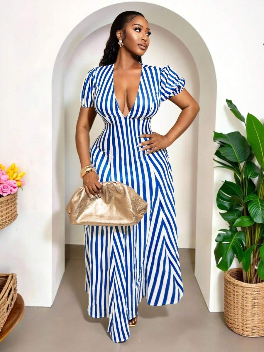 BamGleam V-Neck Short Sleeve Striped Print A-Line Long Dress, Elegant Design Suitable For Birthday, Beach, Night Party And Other Occasions - Blue - View 1