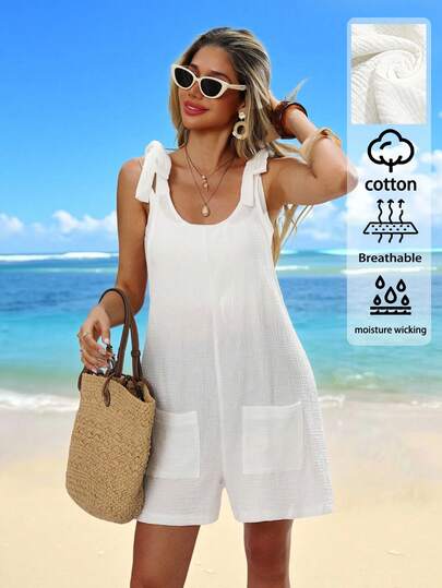 Swim Vcay Women's Summer Beach Tie-Front Loose Casual Vacation Pocket Jumpsuit