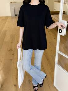 SHEIN Teen Girls Ribbed Crew Neck Short Sleeve T-Shirt - Black - View 4