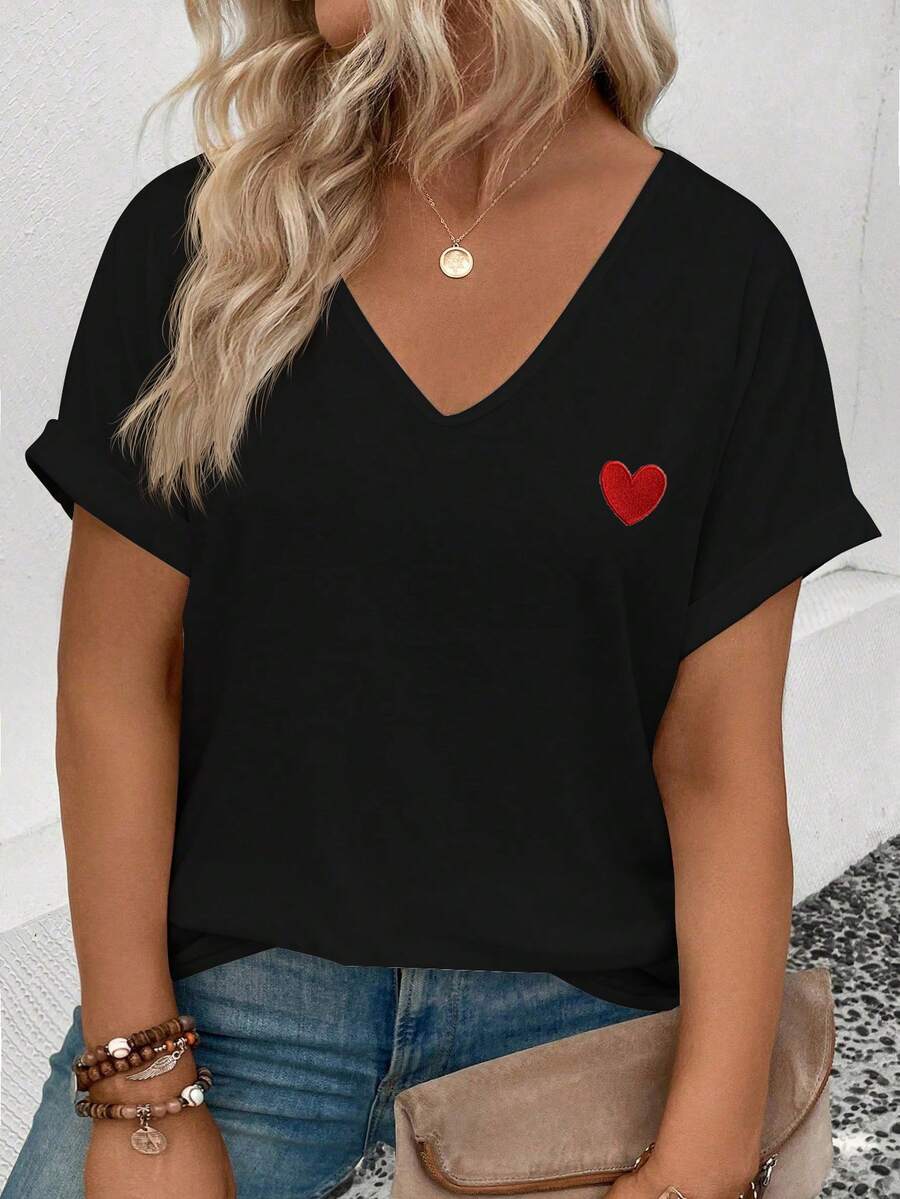 EMERY ROSE Kaos Kasual Wanita Ukuran Besar Model V-Neck Lengan Manset Motif Hati, Musim Semi/Panas - Hitam - View 1