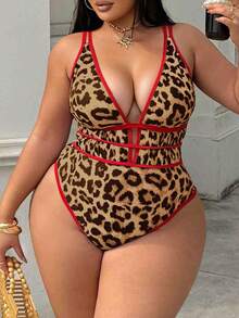 Swim SXY Plus Size Women's Leopard Print Deep V-Neck Sexy Beach Vacation One-Piece Swimsuit - Multicolor - View 3