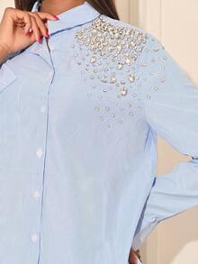 Mima John Women's Elegant Handmade Rhinestone Embellished Striped Blouse Women Shirt - Blue - View 6