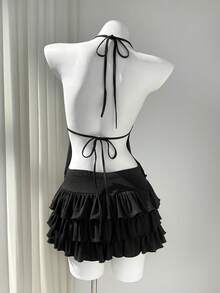 Elamini 女士 YK2 露背吊带上衣和不对称层叠迷你裙两件套 - 黑色 - 查看 2