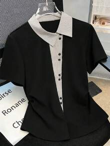 GlowEve Women's Striped Patchwork Polo Collar Short Sleeve Single-Breasted Casual T-Shirt - Black - View 1