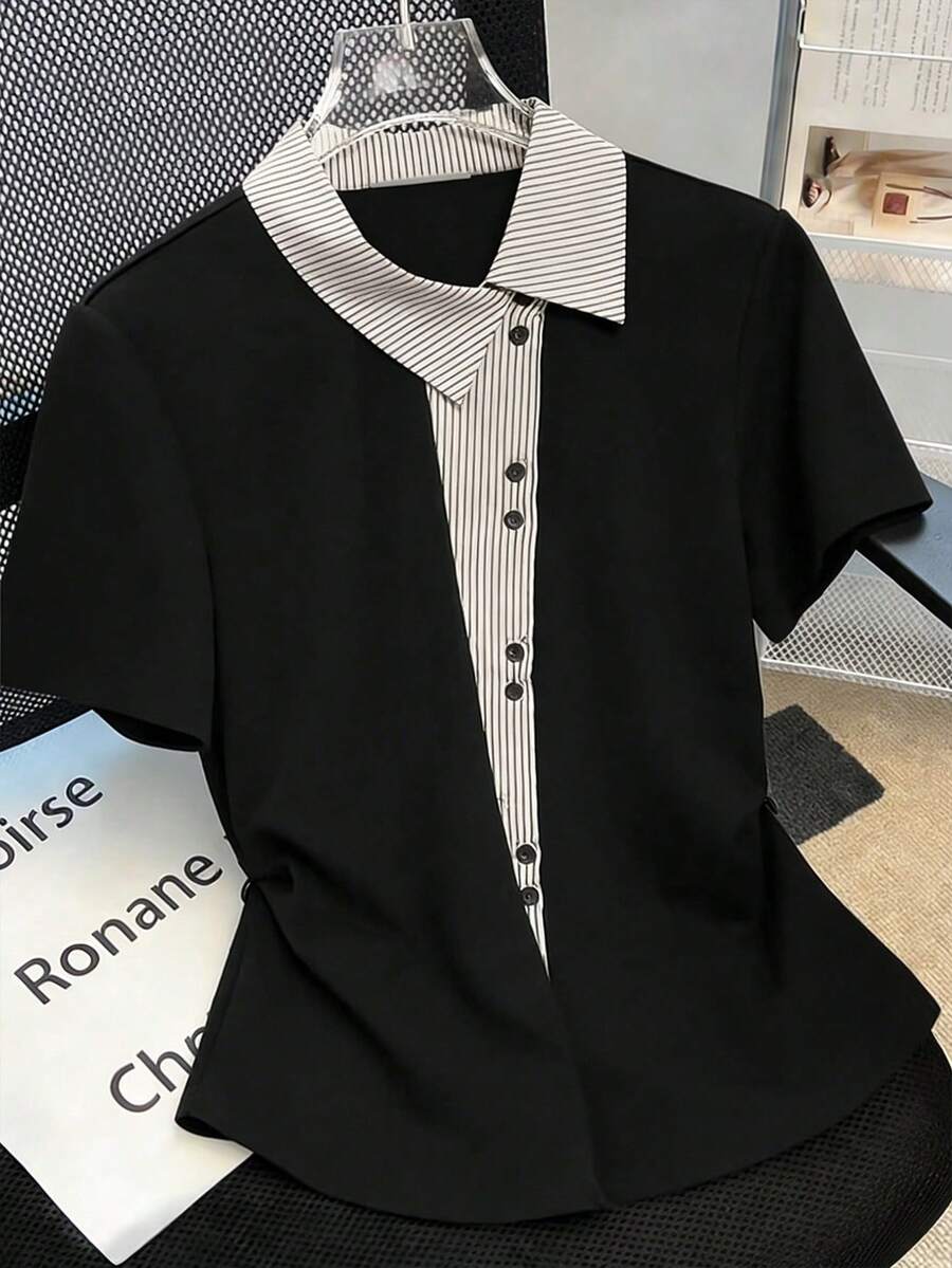 GlowEve Women's Striped Patchwork Polo Collar Short Sleeve Single-Breasted Casual T-Shirt - Black - View 1