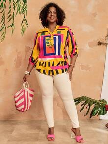 Miaspire 大码女式V领撞色休闲百搭日常衬衫，春季女式大码工作上衣，大码夏季衬衫，女式衬衫，大码女式工作上衣，大码女式曲线衬衫，大码女式衬衫，大码女式曲线衬衫，大码束腰上衣，大码印花上衣，女式度假装扮，女式乡村装扮，女式大码上衣，女式上衣和衬衫，女式休闲现代衬衫，夏季女式衬衫，女式Polo衫，女式衬衫，春季印花大码衬衫，女式大码Polo衫 - 彩色 - 查看 5