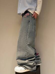STEELVANCE Quần jeans ống rộng dáng suông, họa tiết hoa đào, phong cách thường ngày thanh lịch. - Màu xanh lam - Xem 6