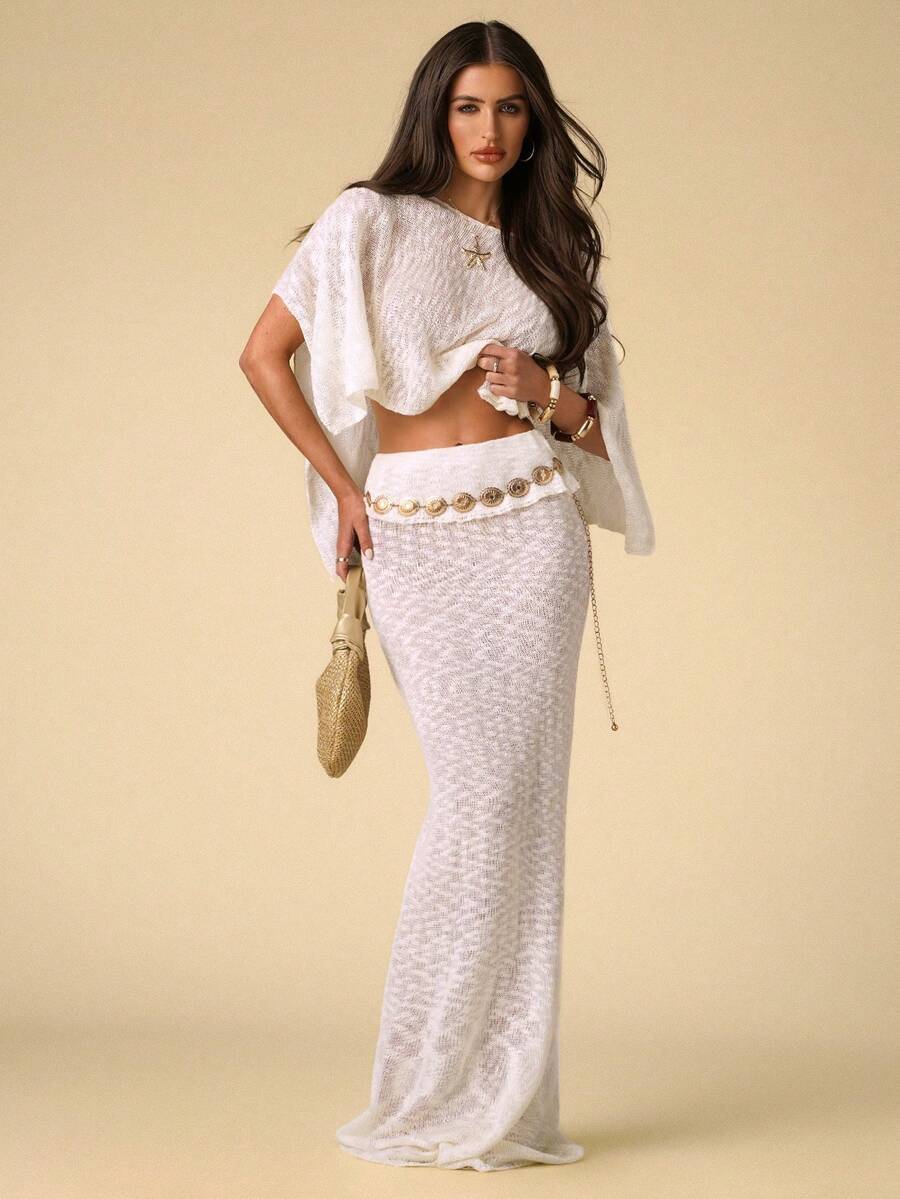 SHEIN BAE Elegant Women's Knitted Skirt, Suitable For Vacation - Beige - View 1