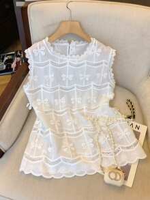GlowEve Women's Contrast Lace Sleeveless Round Neck Fashion Blouse - White - View 1