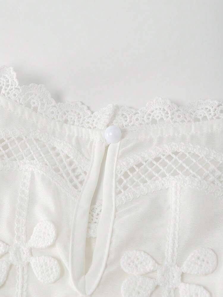 Blusa de Moda Feminina com Gola Redonda e Sem Mangas com Renda Contrastante - Branco - Visão 8