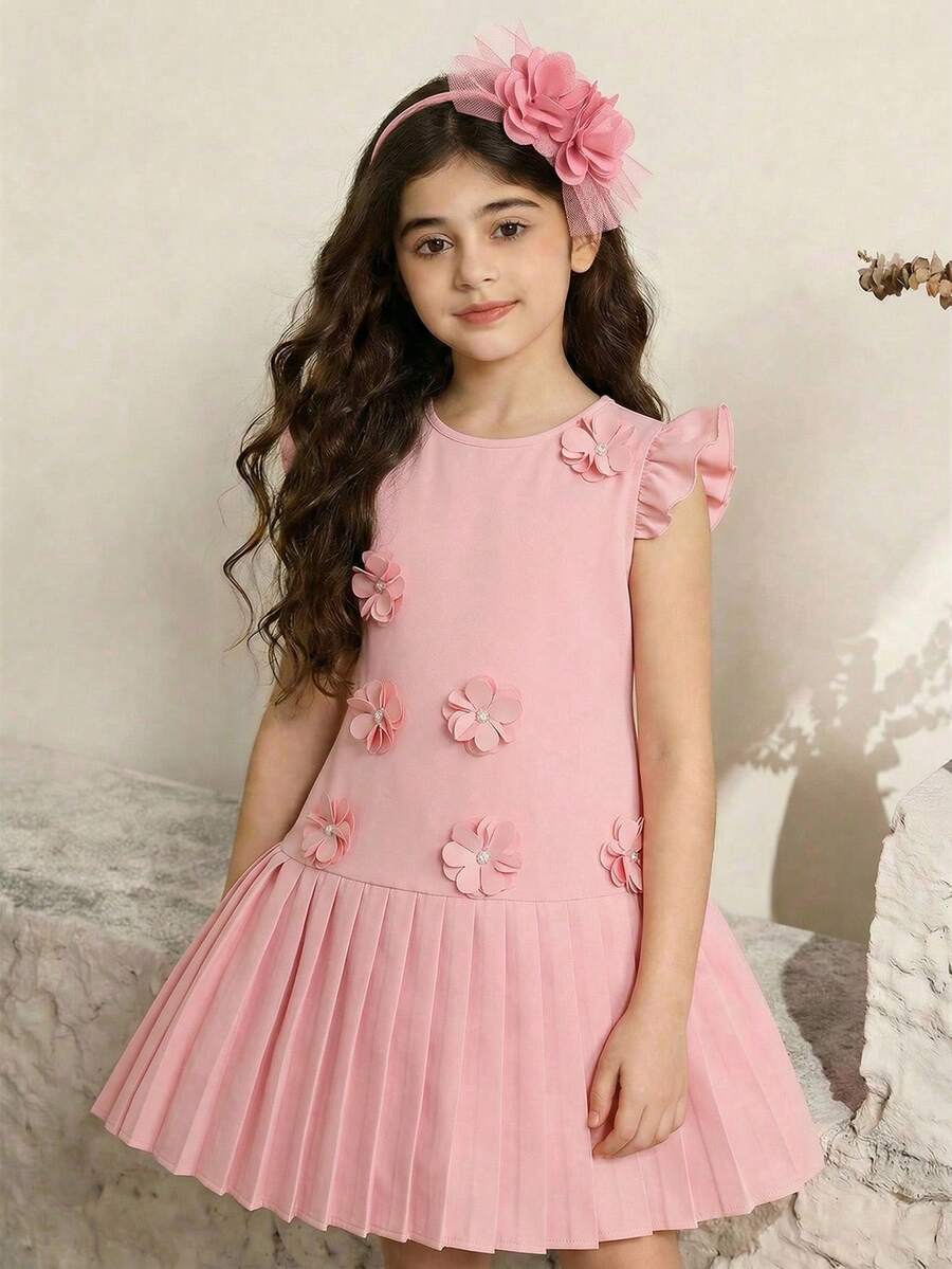 Tween Girl Round Neck 3D Floral Decor Pleated Fashion Party & Casual Dress - Dusty Pink - View 1