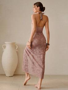 Swim Oasis Women's Textured Mesh Nude Color Deep V Halter Seashell Decor 2 Pieces Set Skirt - Brown - View 4