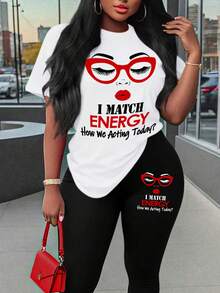 Maweii Plus Size Letter & Cartoon Print Short Sleeve Top And Leggings 2 Pieces Set - Multicolor - View 3